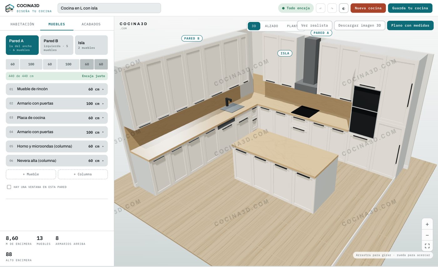 Una cocina en L con isla abierta en la herramienta de cocina3d, en 3D y con la lista de muebles de la pared A