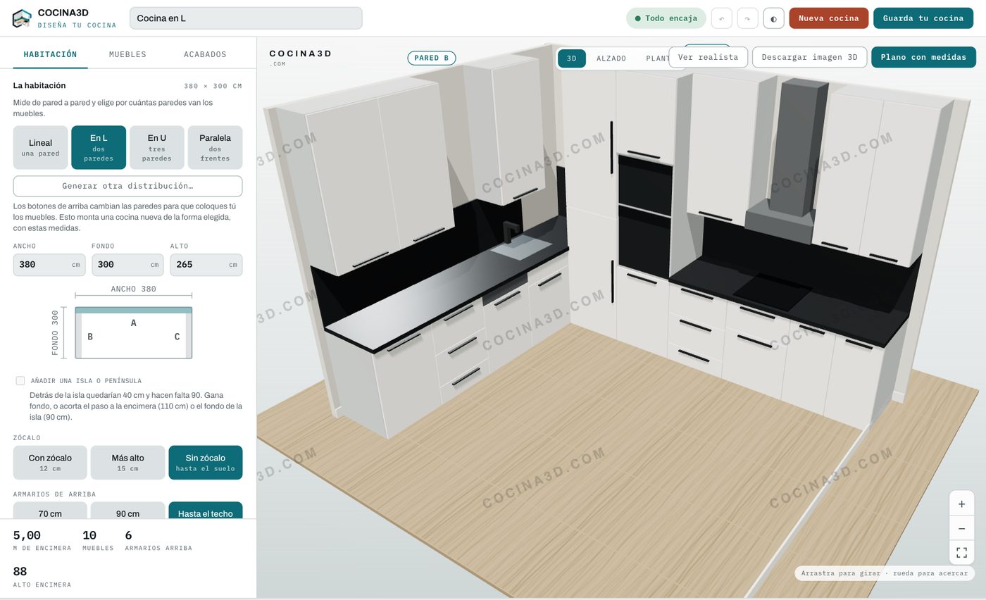 La herramienta de cocina3d en la pestaña de la habitación, con las cuatro formas de cocina para elegir y la cocina en L en 3D