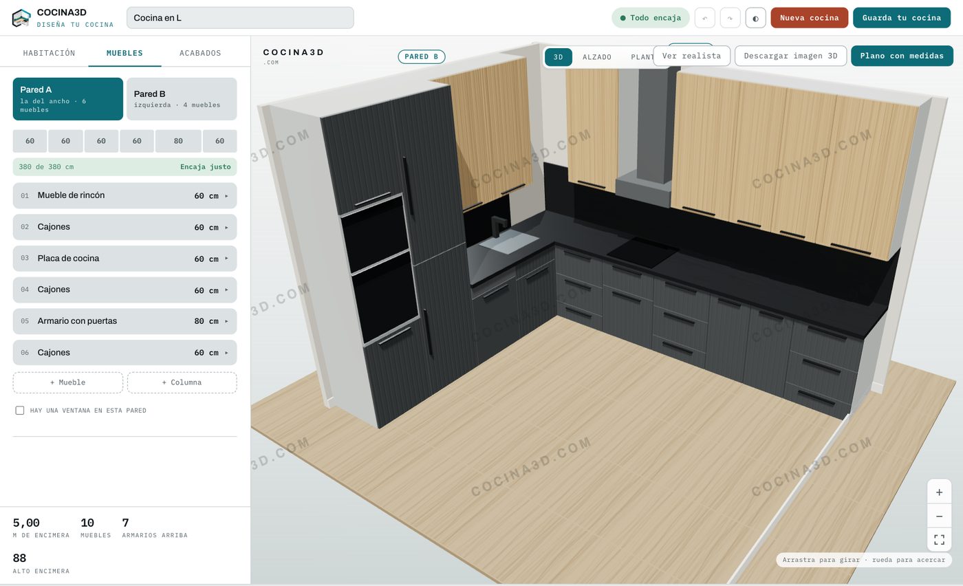La cocina en L de esta página, en grafito y roble, abierta en la herramienta de cocina3d en 3D y con la lista de muebles de la pared A