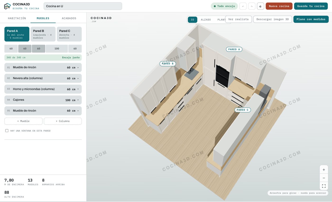 Una cocina en U de 340 por 340 cm vista desde arriba en la herramienta de cocina3d, con la lista de muebles de la pared del fondo