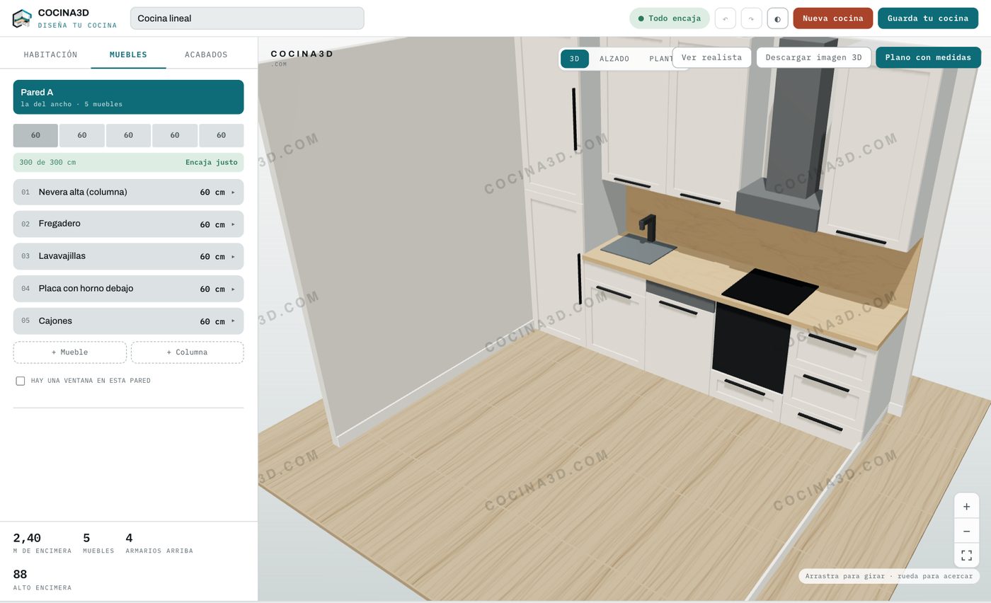 La cocina lineal de 3 metros de esta página abierta en la herramienta de cocina3d, en 3D y con sus cinco módulos