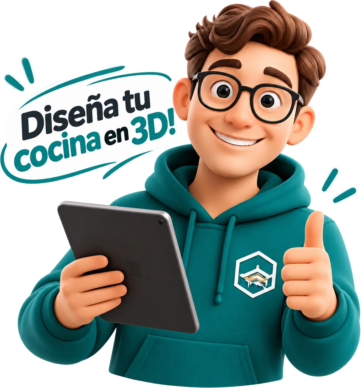 Un diseñador con una tablet levanta el pulgar junto a un bocadillo que dice: Diseña tu cocina en 3D