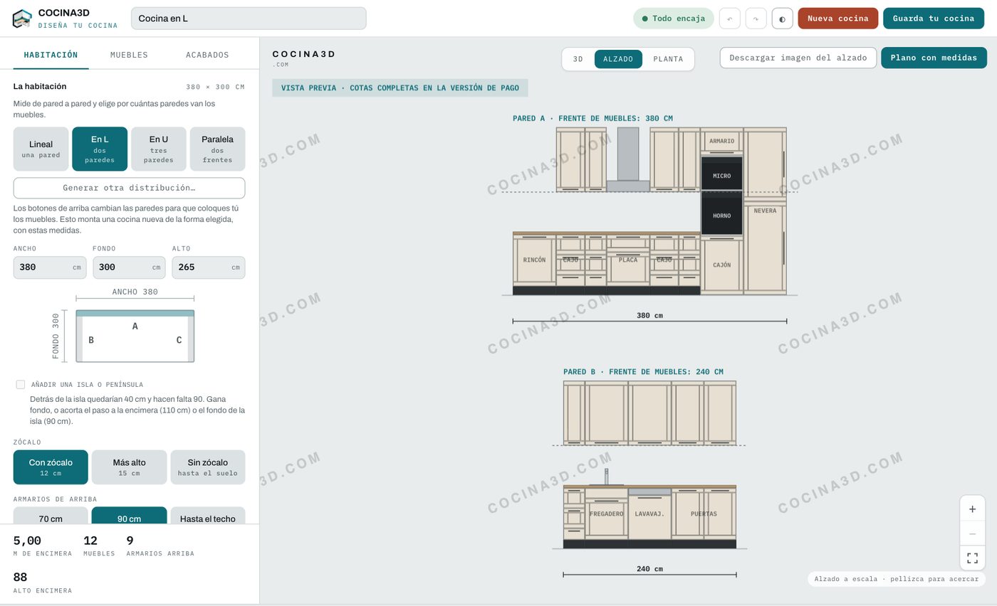 La herramienta de cocina3d con las medidas de la habitación y el alzado de una cocina en L, pared por pared