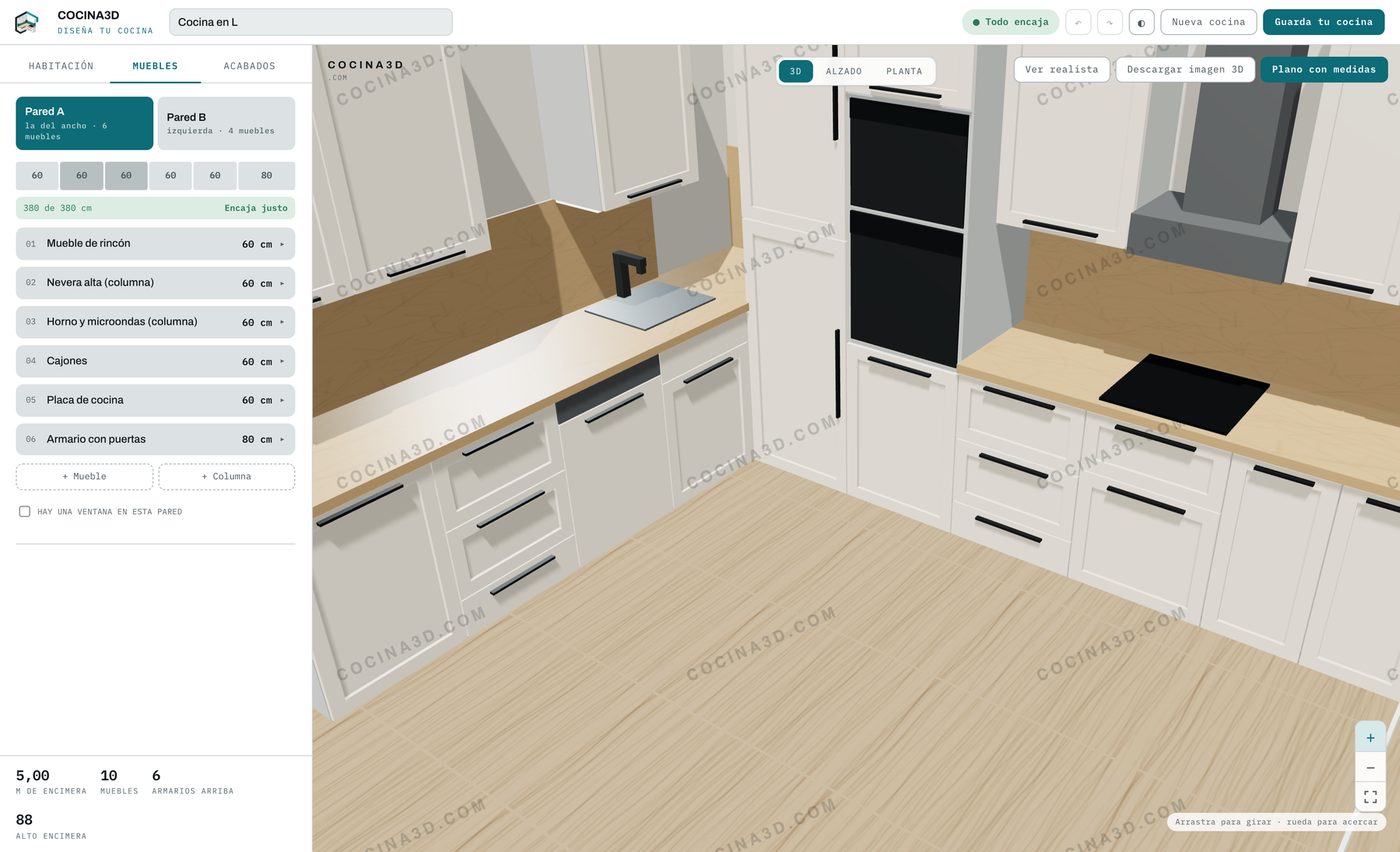 La herramienta de cocina3d con una cocina en L montada en 3D, la encimera de roble y el panel de muebles al lado