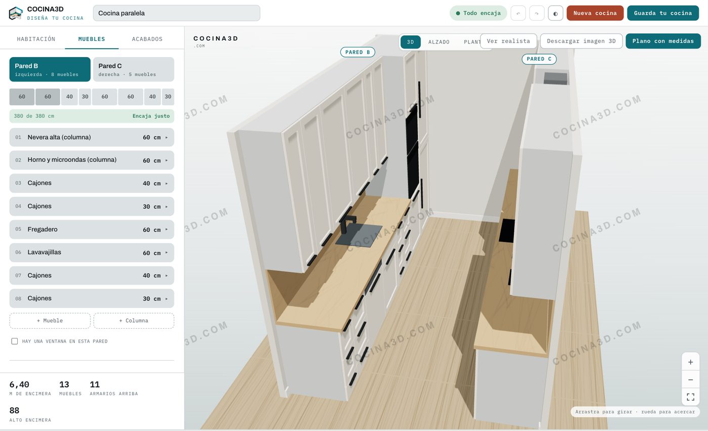 La cocina en paralelo de esta página abierta en la herramienta de cocina3d, en 3D y con la lista de muebles de la pared B