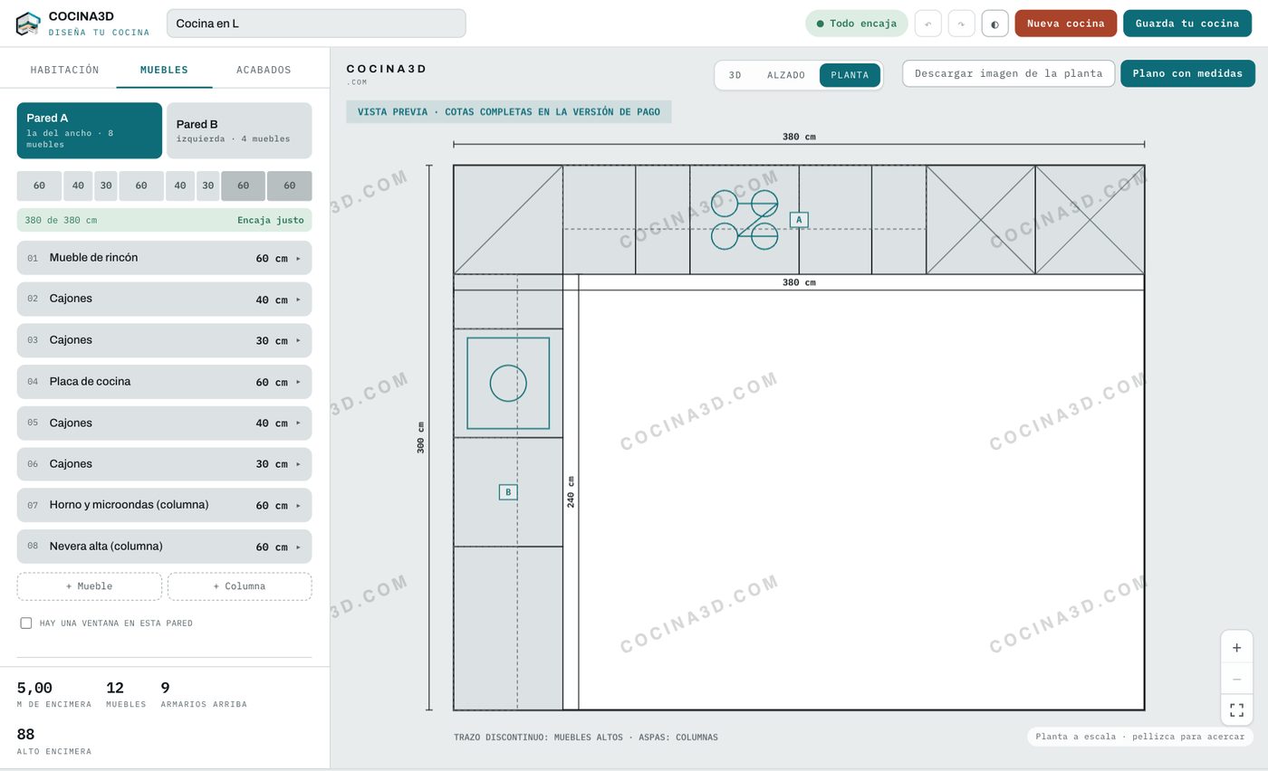 La herramienta de cocina3d con la planta de una cocina en L, cada pared con su letra