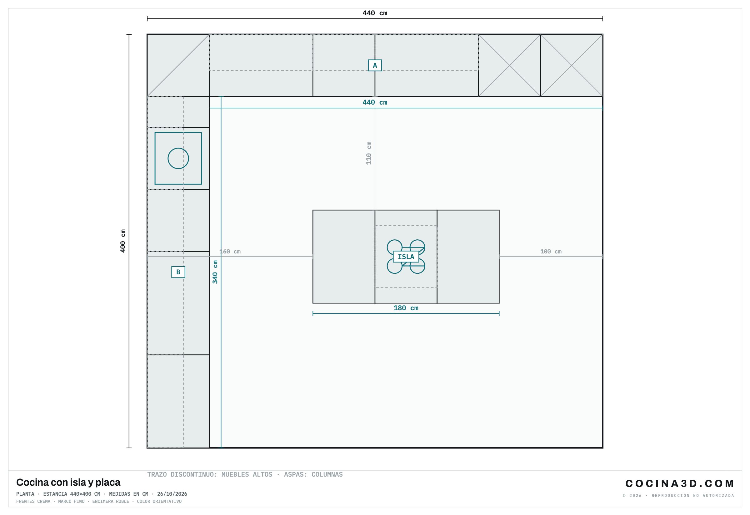 Planta de una cocina en L de 440 por 400 cm con la placa en la isla, entre dos módulos de cajones