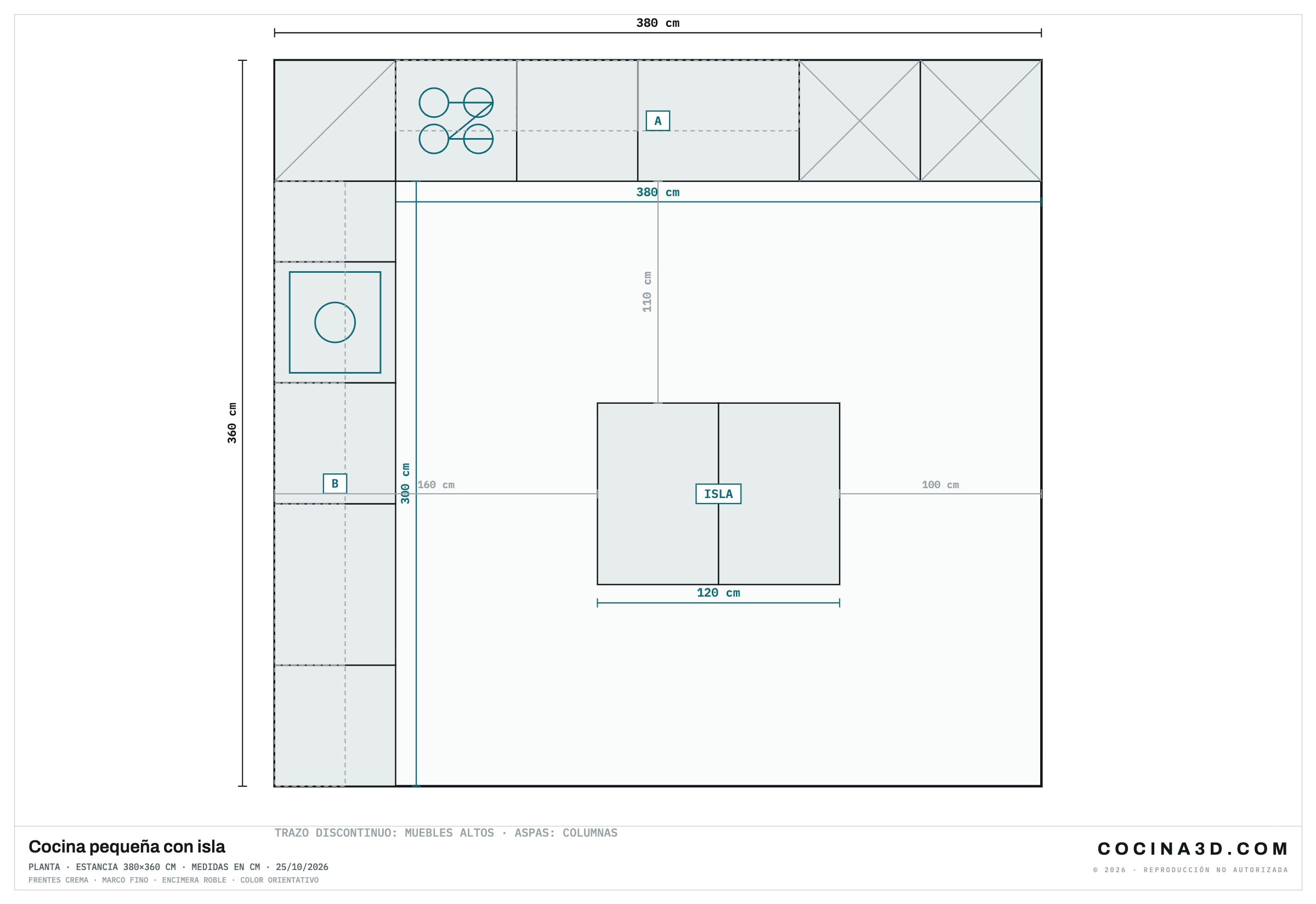Planta de una cocina en L de 380 por 360 cm con una isla pequeña de 120 cm y paso de 100 a los lados